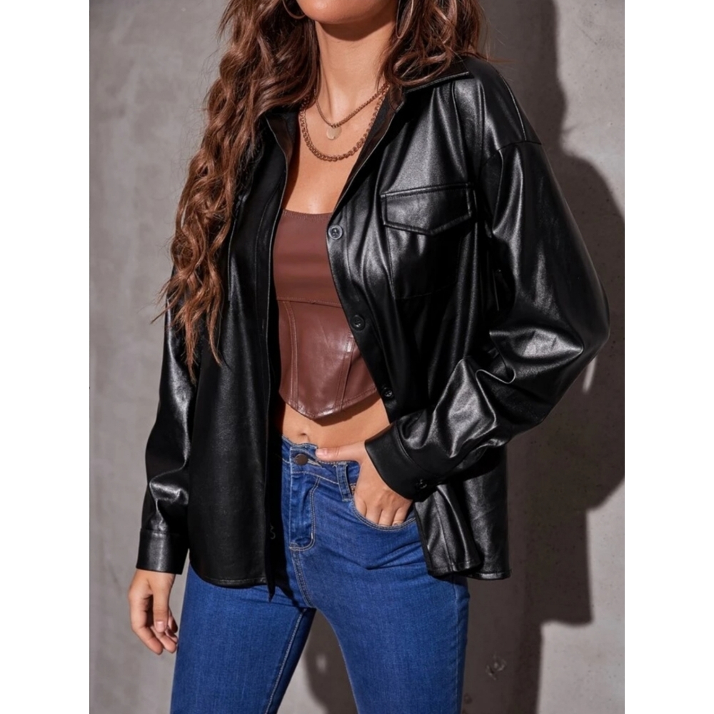 SHEIN Faux Leather Button-Up Shirt